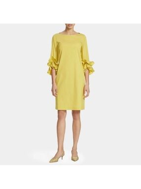 Lafayette 148 Yellow Ruffle Sleeve Shift Dress Size S Boar Neck Pullover Pockets